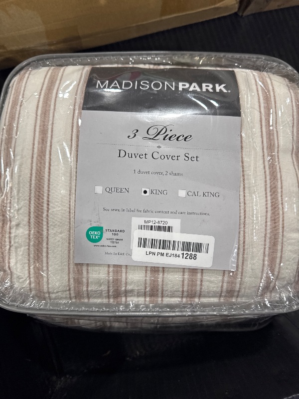 Photo 1 of Madison Park Cooling Duvet Cover Set for Hot Sleepers - Linen Cotton Rayon Blend, King Size 3 Piece Set with Shams - Lightweight & Breathable Bedding, Terracotta Striped Design