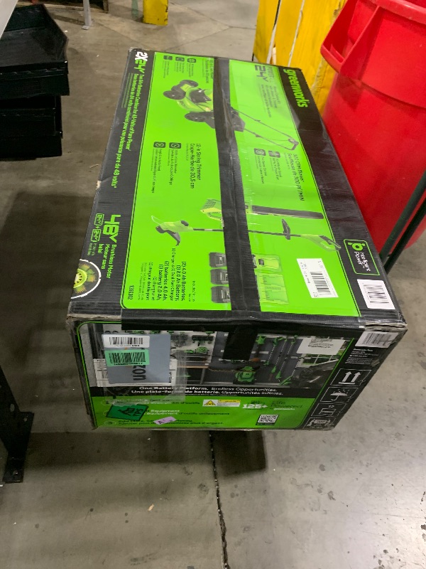Photo 1 of Greenworks 48V (2x24V) Electric Lawn Mower Combo Kit: 20"Steel Deck Push Mower, 12" String Trimmer, 320 CFM Blower, 3 Batteries & 2 Chargers, 3-Year Warranty.