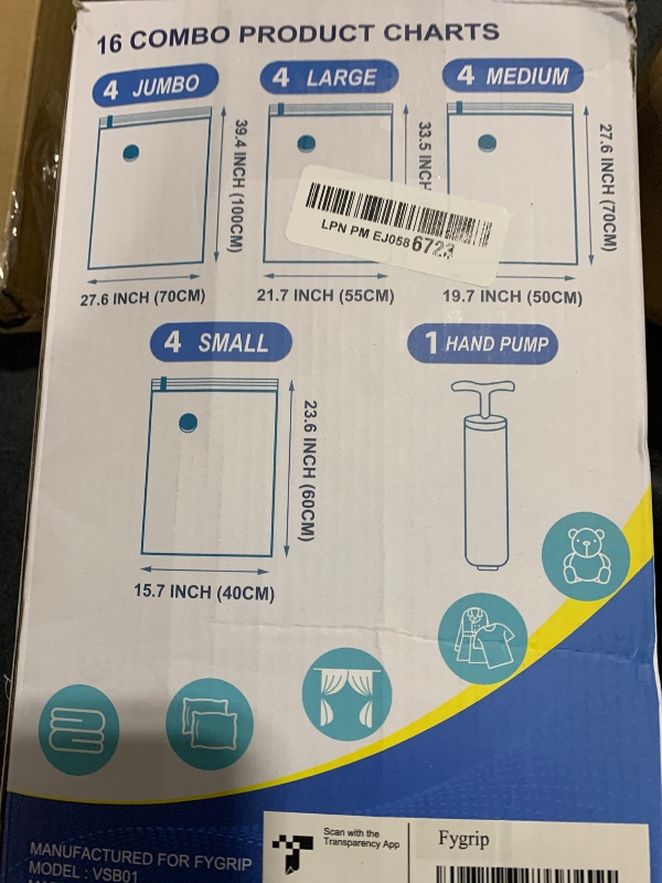 Photo 1 of Fygrip 16 Pack Vacuum Storage Bags with Hand Pump, 4 Jumbo + 4 Large + 4 Medium + 4 Small Plastic Packaging Bags, 80% Space Saver Vacuum Seal Bags for Clothing, Travel Lugggage, Blankets, Comforters