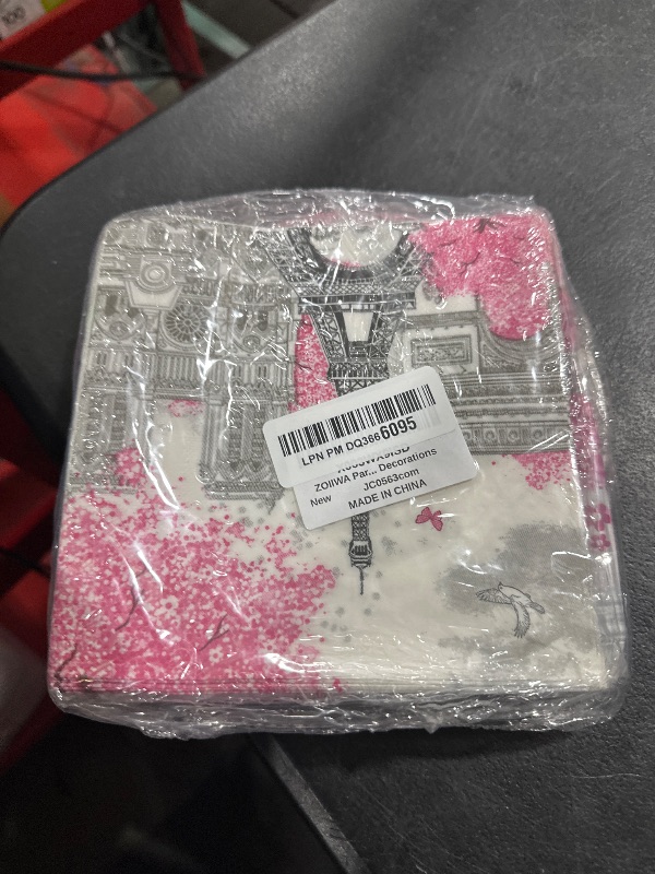 Photo 1 of ZOIIWA Paris Themed Party Decorations Eiffel Tower Birthday Paper Plates and Napkins Tableware Set Pink Disposable Tablecloth for Baby Shower Decor Paris Party Supplies