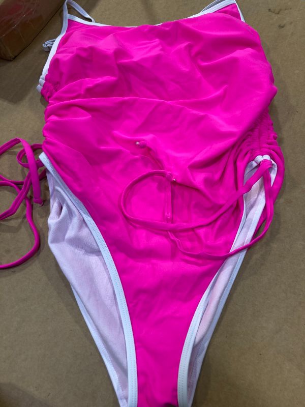 Photo 1 of L---Viottiset Women's One Piece Swimsuit Ruched Drawstring High Cut Cheeky Bikini Bathing Suit Rose Red