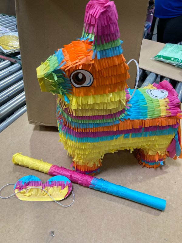 Photo 1 of 16" Cinco de Mayo Pinata, Large Rainbow Color Donkey Pinata 16 x 13 x 5.5 ln with Stick and Blindfold for Fiestas Mexican Party Decoration, Kids Birthday Party Favors, Taco Tuesday Event