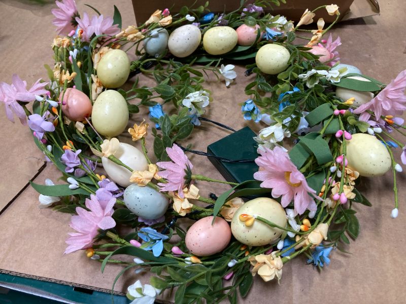 Photo 1 of DR.DUDU 19 Inch Easter Wreath – Lighted Easter Decorations for Home with Timer, Egg Wreath with Bunny & Flowers, Spring Decor for Front Door, Mantel, Wall, Indoor & Outdoor Holidays