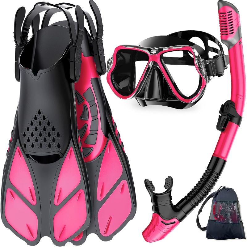 Photo 1 of s/m--Zenoplige Mask Fins Snorkel Set, Snorkeling Gear for Adults, Panoramic View Snorkel Mask Anti-Fog, Adjustable Dive Flippers, Dry Top Snorkel and Travel Bag, Scuba Gear for Swimming Snorkeling Diving