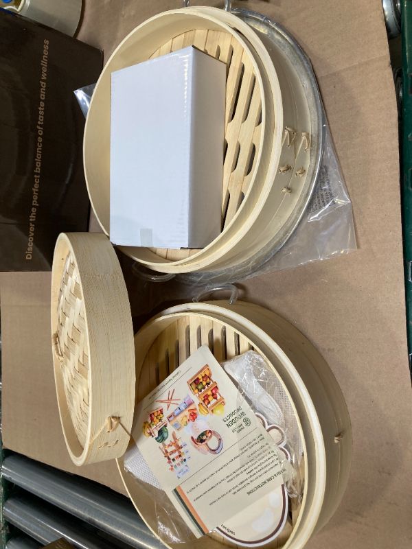 Photo 1 of 2 Tier Bamboo Steamer- 10" Baskets With Handle, Silicone Liner, Adapter, Molder Press For Cooking Vegetables Dumpling Press & Dough Cutter for Steaming Chinese Asian Food & Bao Bun, Dim Sum Potsticker
