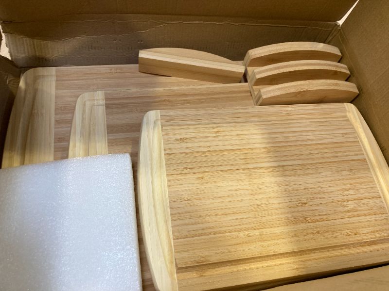 Photo 1 of Hiware Extra Large Bamboo Cutting Board with Holder, Durable Wood Cutting Board for Kitchen with Juice Grooves & Built-in Handles, Heavy Duty Chopping Board for Meat, Vegetables - Two Tone, Set of 3
