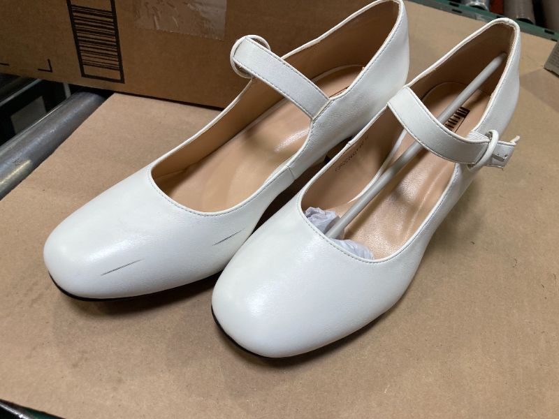 Photo 1 of IDIFU White Mary Jane Shoes Women's Closed Round Toe Low Short Small Heels Heeled Dress Shoes for Bride Bridesmaid Wedding Bridal Comfortable Trendy Elegant Pumps with Round Buckle(White Pu, 10)
