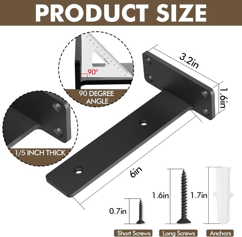 Photo 1 of Heavy Duty Shelf Bracket, Rustic Floating Shelf Bracket for Shelves Wall Mounted, 6Pcs Industrial Black Shelf Brackets (6Inch-6Pack)…