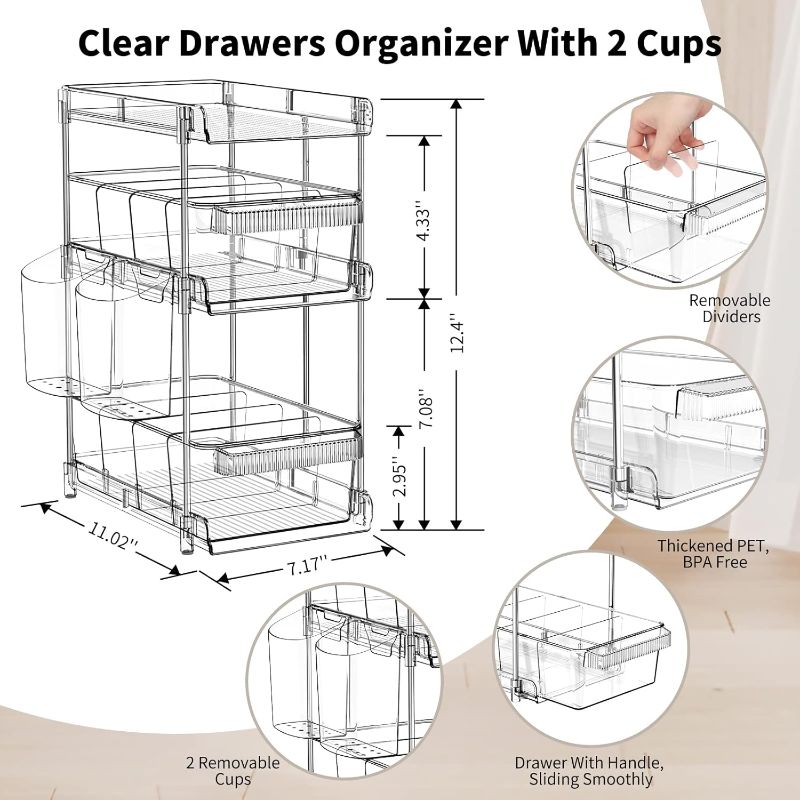 Photo 1 of Clear Acrylic Bathroom Organizers 2 Sets 3 Tier, Pull Out Organizer and Storage with 2 Cups, Slide Out Drawer Storage Container with 6 Dividers, Multi-Purpose Bathroom Organizer, Kitchen Under Sink Organizer
