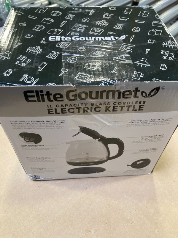 Photo 1 of Elite Gourmet EKT1001B Electric 1.0L BPA-Free 1100W Glass Kettle Cordless 360° Base, Stylish Blue LED Interior, Handy Auto Shut-Off Function – Quickly Boil Water For Tea & More, Graphite Black