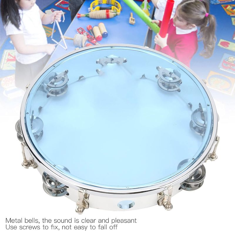 Photo 1 of Hand Tambourine, Double Row Jingles Tambourine Adjustable Round Tambourine 10in Percussion Jingles Instrument for Adult Musical Dance Party(Blue)