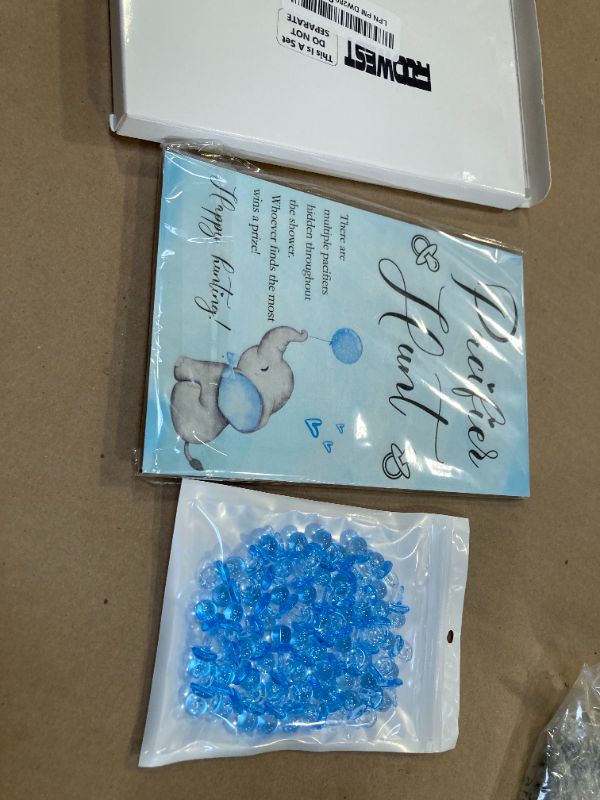 Photo 1 of Xtra Mini Size---Roowest 51 Pcs Elephant Pacifier Hunt Baby Shower Game Include Wooden Hunt Sign Acrylic 50 Pacifiers Game for Gender Reveal Party Favors Supplies(Blue)