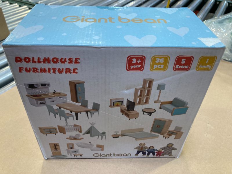 Photo 1 of 36pcs Wooden Dollhouse Furniture Set 5 Rooms with 4 Family Dolls, Wood and Plastic Blue Dollhouse Accessories, Pretend Play Furniture Toys Christmas Birthday Gift for Boys Girls & Kids Toddlers 3Y+