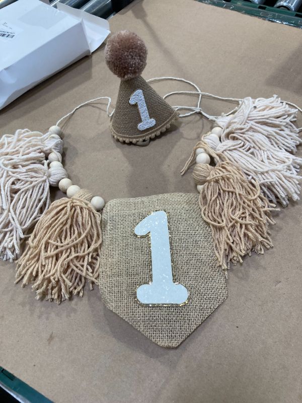 Photo 1 of 1st Birthday Decorations Boys High Chair Banner With One Cake Topper Brown Conical Hat For First Party
