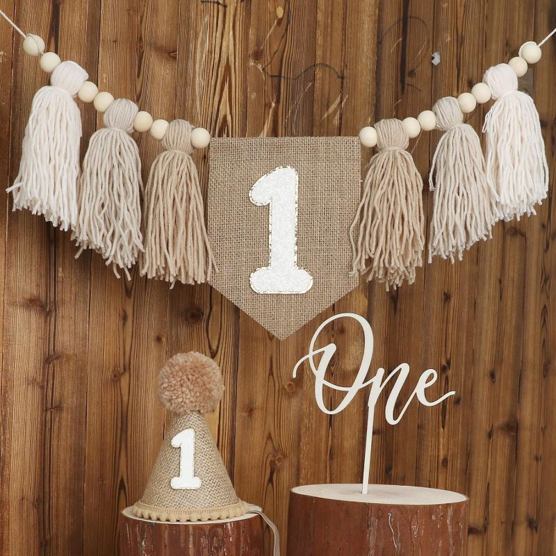 Photo 1 of 1st Birthday Decorations Boys High Chair Banner With One Cake Topper Brown Conical Hat For First Party