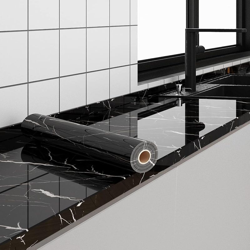 Photo 1 of FUKU MON 24"x394" Black Marble Wallpaper Marble Contact Paper for Countertops Peel and Stick Countertops Self Adhesive Waterproof Removable Granite Wallpaper Stick on Kitchen Bathroom
