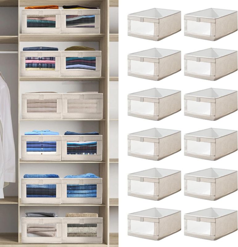 Photo 1 of 12 Pack Linen Closet Organizers and Storage, Closet Storage Bins Linen Closet Baskets for Closet Organization Foldable Closet Organizer Bins with Clear Window for Organizing Clothing, Beige
