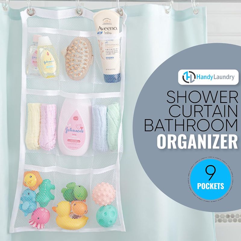 Photo 1 of Handy Laundry Hanging Shower Organizer  9-Pocket - Mesh Caddy with Deep Storage Pockets for Organizing Bathroom Toiletries and Kids Bath Toys - Hang on Existing Shower Curtain Rings