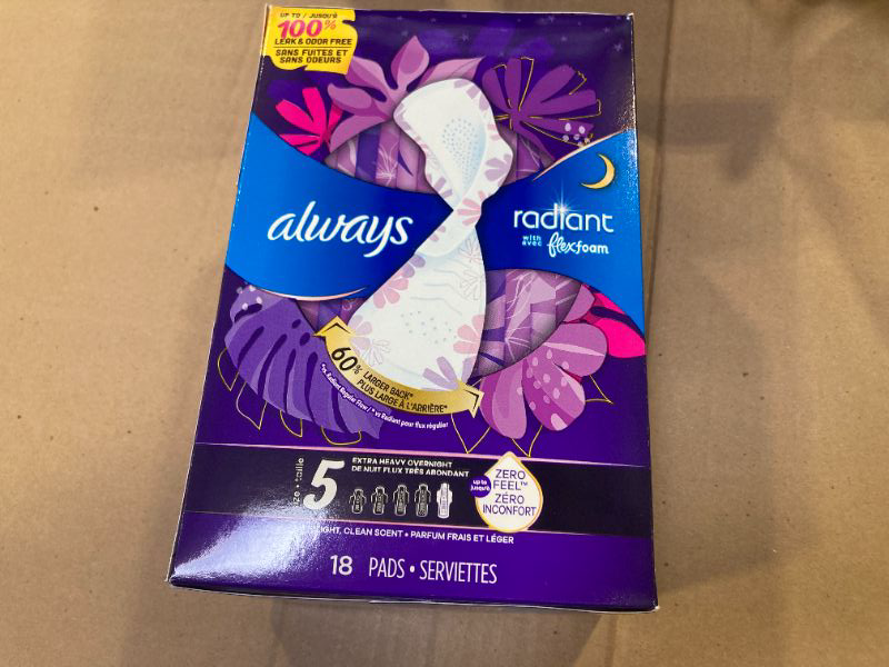 Photo 1 of 18pcs Always Radiant Feminine Pads for Women, Flexfoam Pads with Wings, Size 5, Extra Heavy Overnight Absorbency, Lightly Scented, 