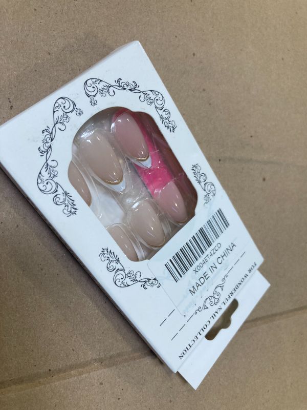 Photo 1 of Almond Press on Nails Short White French Tip Fake Nails with Chrome Gold Line Designs Glossy Full Cover Glue on Nails Almond Shape Acrylic Nails French False Nails for Women Girls Manicure 24Pcs