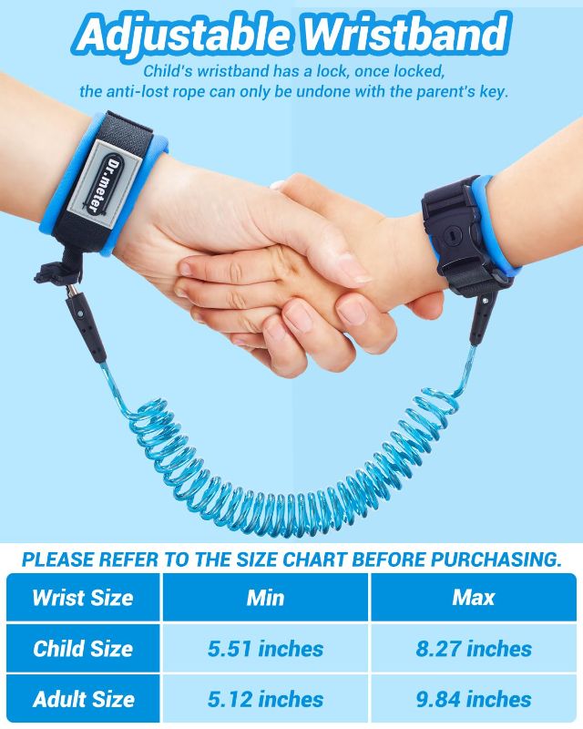 Photo 1 of Dr.meter Toddler Leash,  Safety Anti Lost Wrist Link with Key Lock, Reflective Child Walking Harness, 8.2ft Blue + 4.92ft Orange Kids Leash for Supermarket Mall Airport Amusement Park Zoo Travel
