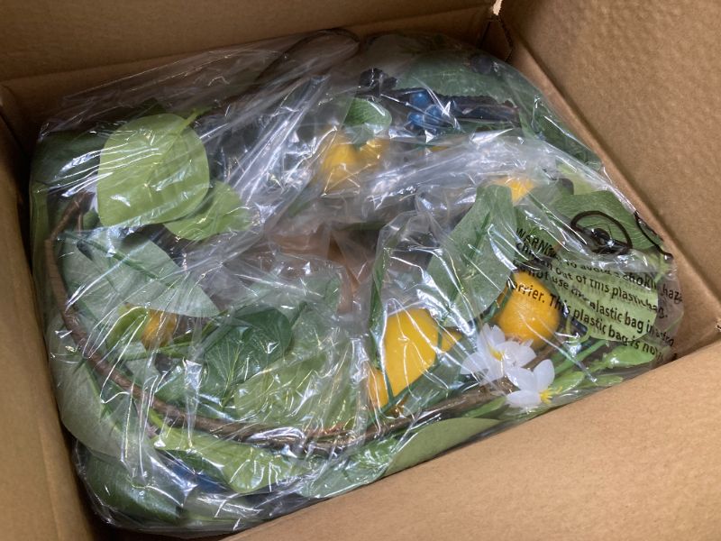 Photo 1 of Adeeing 6FT Artificial Lemon Blueberry Garland, Spring Summer Fruit Garland with Lemons Blueberries Greenery Leaves Flowers, Yellow Lemon Garland for Home Front Door Kitchen Wedding Party Decor