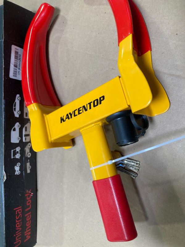 Photo 1 of KAYCENTOP Universal Wheel Lock, Security Trailer Wheel Lock, Tire Lock Anti Theft for Trailers Golf Cart SUV Boat ATV Motorcycle Camper, 3 Keys (Yellow-Red)
