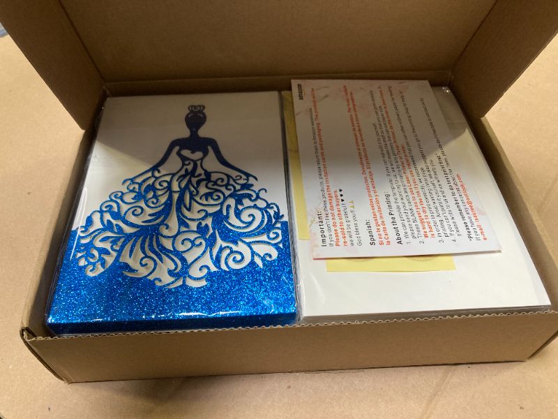 Photo 1 of KUCHYNEE 5.12 x7.28 inch 50PCS Royal Blue Glitter Quinceanera Invitations Kit Laser Cut Hollow Girl Princess Pocket with Envelopes Quinceanera Invitations for Quinceanera Bridal Shower Invite