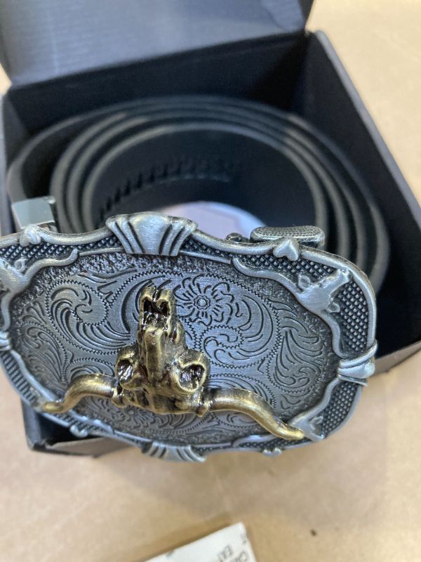Photo 1 of size L-SANSTHS Ratchet Cowboy Belt, Western Ratchet Belts for Men Ratchet Western Belt with Automatic Cowboy Buckle, Bronze Bull/Black
