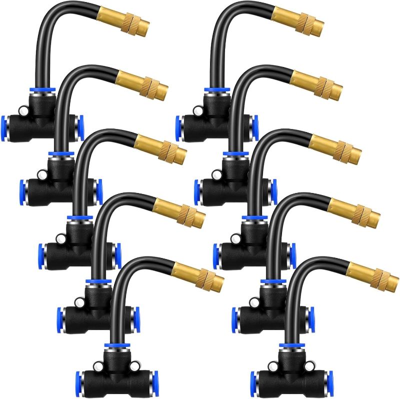 Photo 1 of Zonon 10 Pcs Brass Misting Nozzles Tee with 4 Inch Built in Hose 360 Degree Rotation Adjustable Water Mister Nozzles Thread Sprayer 0.043" Misting Parts and Accessories for Patio Outdoor Cooling