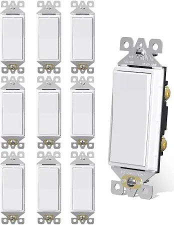 Photo 1 of 10pcs AIDA Single Pole Rocker Decora Light Switch, 15 Amp Self-grounding Electrical Light Switches, Residential Grade, UL Listed Glossy White, Without Wall Plate)
