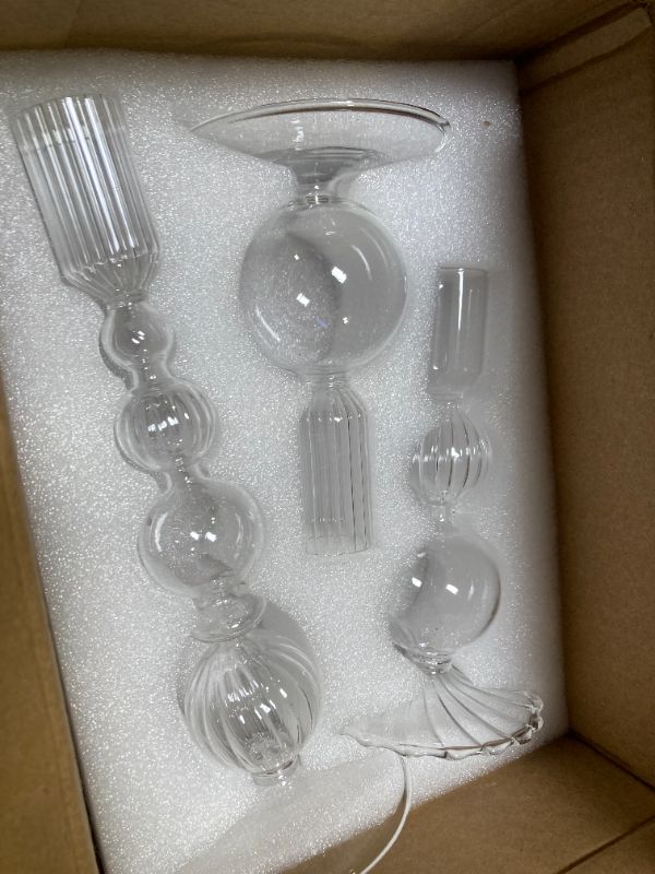 Photo 1 of Hewory Glass Candlestick Holders Set: 3PCS Clear Candle Holder Taper Candle Holders Bulk, Crystal Ribbed Candle Sticks Holder Decor for Table Centerpiece Wedding Christmas Thanksgiving Dinner