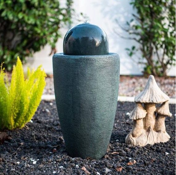 Photo 1 of 25.98 in. H Round Polyresin Waterfall Stone Textured Floor Fountain with LED Light, Garden Sphere Fountain, Dark Green