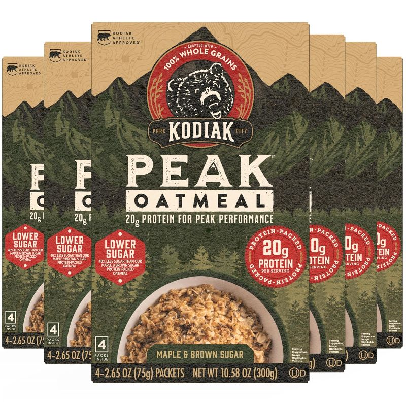 Photo 1 of Kodiak Cakes Peak Instant Oatmeal Packets, Maple Brown Sugar, High Protein,100% Whole Grains, 6 box with 4 packets each (Total of 24 packets) bb 02/10/2026
