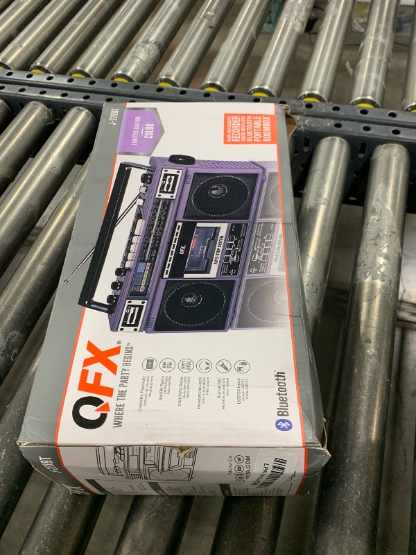 Photo 1 of QFX J-220BT Purple Boombox MP3 Conversion from Radio to Cassette with 4-Band (AM, FM, SW1, SW2) Radio with Bluetooth, Dual 3” Speakers, Built-in Microphone, Recorder, and a 3-Band Equalizer
