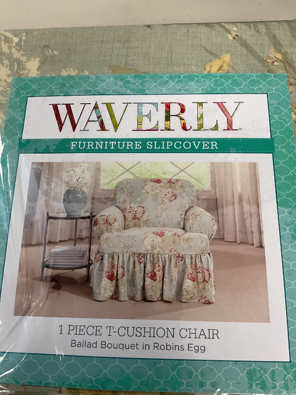 Photo 1 of Waverly Ballad Bouquet Ruffled T Cushion Chair Slipcover, Chair T Cushion Cover with Cotton Floral One Piece Design and Ruffled Skirt, Machine Washable Chair Cover, Robin's Egg