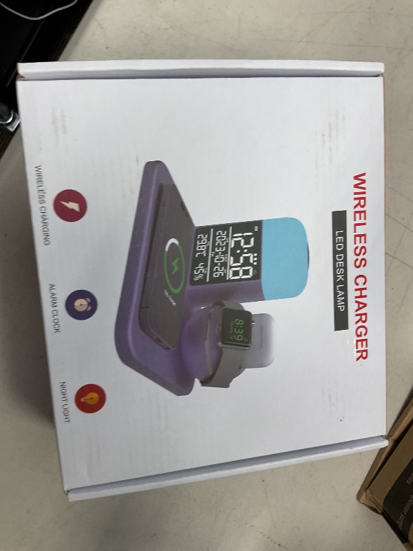 Photo 1 of Wireless Charging Station with Alarm Clock and Night Light,iPhone and Watch Charging Station,3 in 1 Wireless Charger for iPhone 16 15 14 13 12 11 X Pro Max & Apple Watch 30W GaN Charger - Lilac