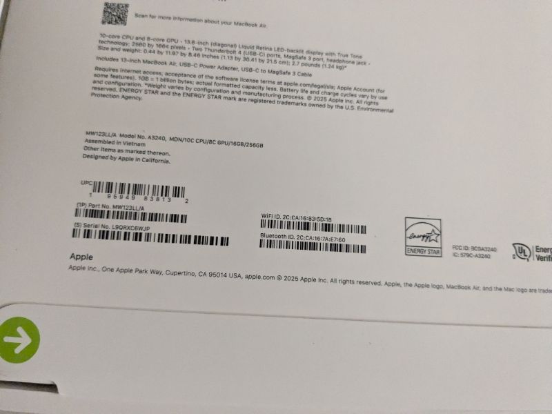 Photo 1 of Apple 2025 MacBook Air 13-inch Laptop with M4 chip: Built for Apple Intelligence, 13.6-inch Liquid Retina Display, 16GB Unified Memory, 256GB SSD Storage, 12MP Center Stage Camera, Touch ID; Midnight