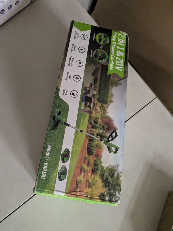 Photo 1 of VARSK 20V String Trimmer Cordless, 12 Inch 2 in 1 Trimmer and Edger, Automatic Line Feed, Includes 2 X 2.0Ah Batteries/1 X Fast Charger/6 X Spare Spools, for Lawn, Garden, etc, Green