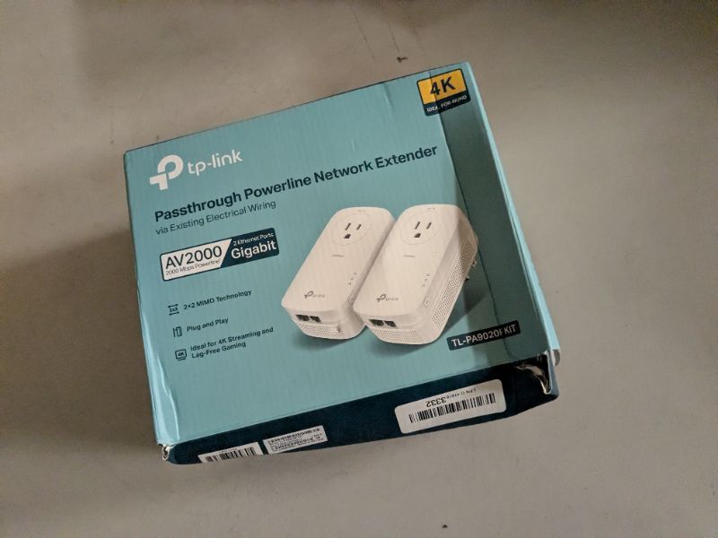 Photo 1 of TP-Link AV2000 Powerline Ethernet Adapter TL-PA9020P KIT - Powerline Network Adapter, Passthrough, 2x2 MIMO, 2 Gigabit Ports, Ethernet Over Power, Plug Pair & Play, Power Saving, Free Expert Help