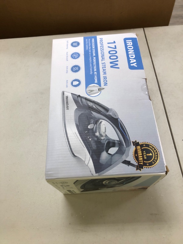 Photo 1 of IRONDAY 1700W Steam Iron for Clothes, Burst of Steam, Auto shutoff, Self-Cleaning, Ceramic Soleplate, 10.14oz Water Tank Ironing Clothes for All Home, Grey