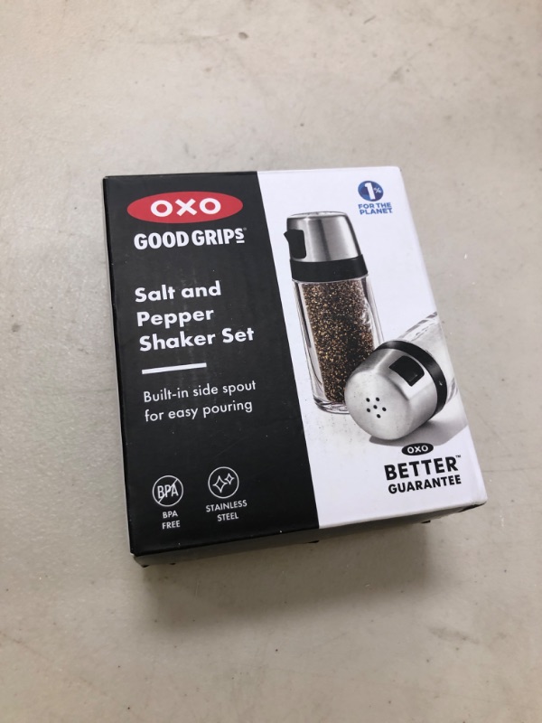 Photo 1 of OXO Salt and Pepper Shaker Set, Clear, Stainless Steel