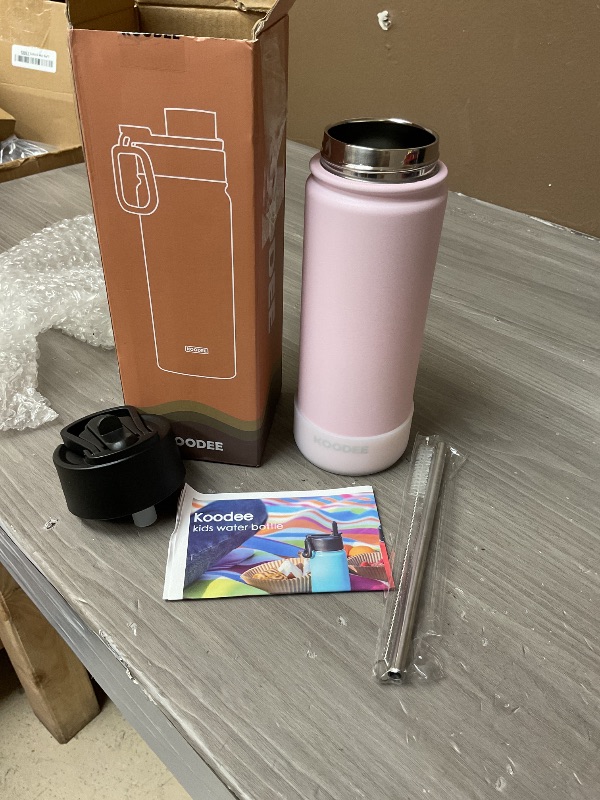 Photo 1 of KOODEE pink thermal water bottle with silicone cup on the bottom metal straw include 