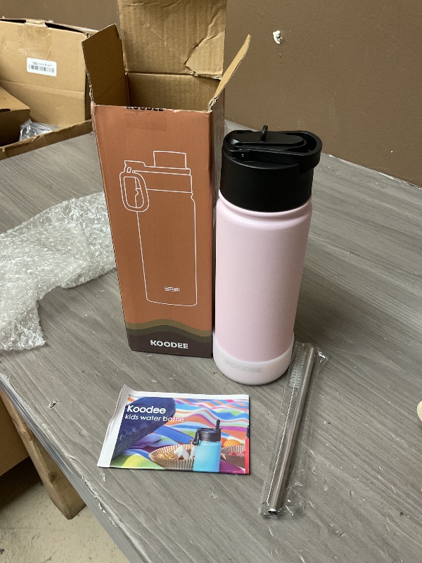 Photo 1 of KOODEE pink thermal water bottle with silicone cup on the bottom metal straw include 