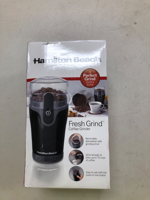 Photo 1 of Hamilton Beach Fresh Grind Electric Coffee Grinder for Beans, Spices and More, Stainless Steel Blades, Removable Chamber, Makes up to 12 Cups, Black