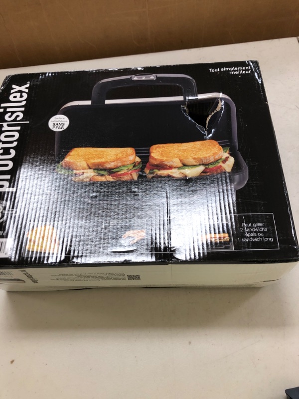 Photo 1 of Proctor Silex Deluxe Hot Sandwich Maker With Easy-Clean Durable PFAS-Free Nonstick Ceramic Plates, Fits up to 2 Grilled Cheese, Ruebens, Tortas or Subs, Stainless Steel (25415MN)