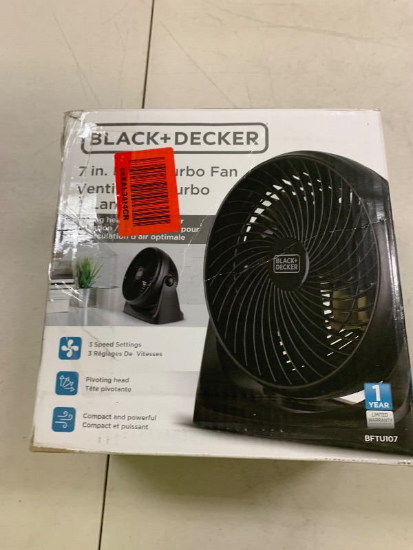 Photo 1 of BLACK+DECKER 7-Inch Portable Turbo Fan, 3-Speed Settings, Desktop Personal Cooling for Table with 90° Tilt Angle Fan Head, Lightweight for Bedroom or Office, BFTU107, Black
