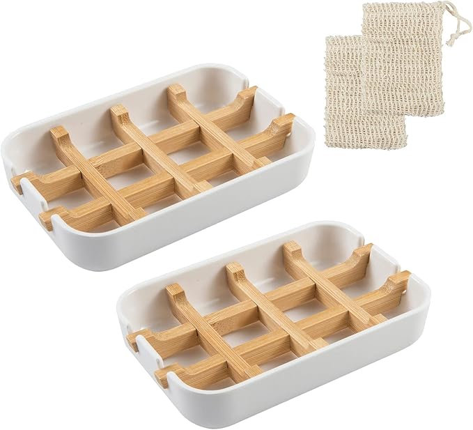 Photo 1 of 2 Pack Bamboo Soap Dish Bathroom Self-Draining Bar Soap Holder and Soap Saver Bags for Bathroom, Kitchen, Bathtub, Sink, Keep Soap Dry (White)
