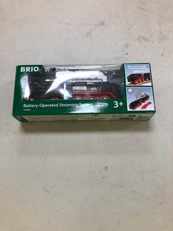 Photo 1 of BRIO World Battery-Operated Steaming Train - 3-Piece Motorized Train Engine for Wooden Track with Lights and Kid-Friendly Steam - Interactive Play with Forward/Reverse - for Kids 3 & Up