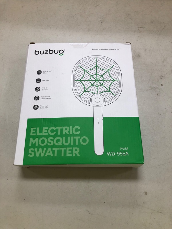 Photo 1 of Buzbug Electric Fly Swatter, Type-C Rechargeable Mosquito Swatter, Foldable, Dual Handheld and Auto Zap Mode, 3800V Powerful Instant Bug Zapper Racket, Mosquito Bat for Indoor Outdoor Camping -WD956A